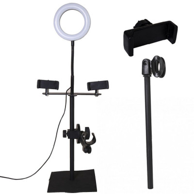 Кольцевая LED лампа TTech 16 см с двумя держателями + насадка для микрофона black