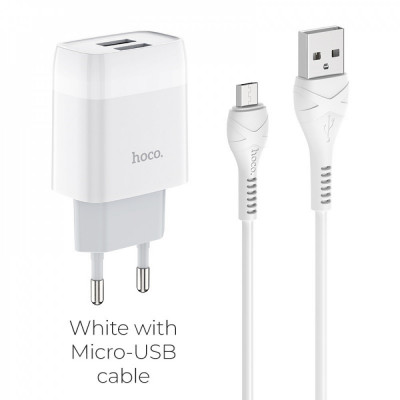 Сетевое зарядное (СЗУ) кабель Micro Hoco C73A (2 USB) Белый