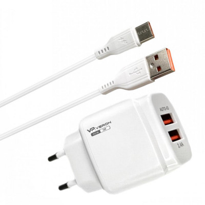 Сетевое зарядное (СЗУ) Veron VR-C12C (Type C) 2 USB 2.4A Белый