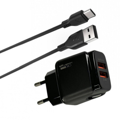 Сетевое зарядное (СЗУ) Veron VR-C12C (Type C) 2 USB 2.4A Черный