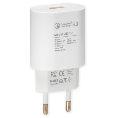 Сетевое зарядное Veron AD-17 Quick 3.0 (1 USB) (2 A) Белый