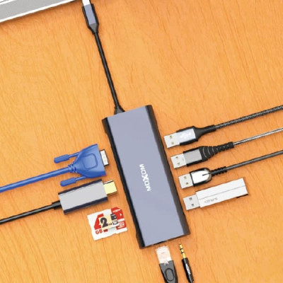 USB-хаб MOXOM MX-HB03 (Type C to 3USB 3.0 + 1USB 2.0 + microSD + Type C + VGA + HDMI + RG45 + AUX) серый