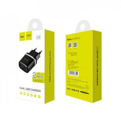 Сетевое зарядное Hoco C12 + Lightning кабель 2 USB 2.4A Черный
