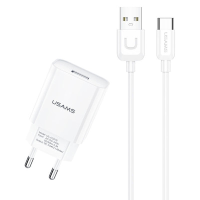 Сетевое зарядное (СЗУ) USAMS T21 kit - T18 single USB + Uturn Type-C cable Белый