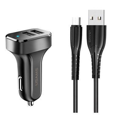 Автомобильное зарядное (АЗУ) Usams C13 2.1A Dual USB + U35 Micro USB cable (1m) Черный