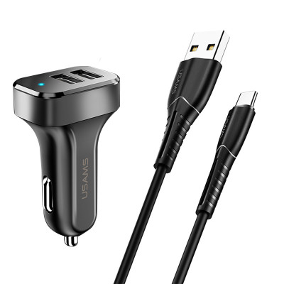 Автомобильное зарядное (АЗУ) Usams C13 2.1A Dual USB + U35 Type-C cable (1m) Черный