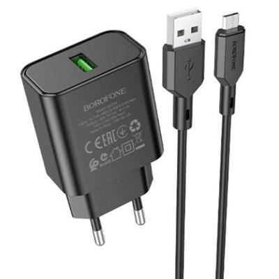 Сетевое зарядное (СЗУ) Borofone BA72A Spring QC3.0 USB to MicroUSB Черный
