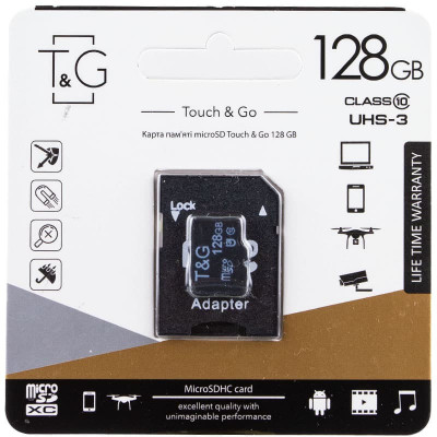 Карта памяти microSDHC 128 GB T&G class 10 (с адаптером) Черный