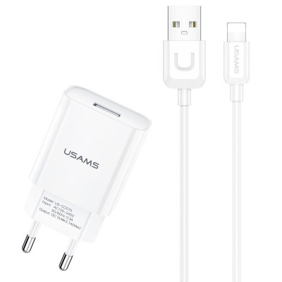 Сетевое зарядное (СЗУ) USAMS T21 kit - T18 single USB + Uturn Lightning cable Белый