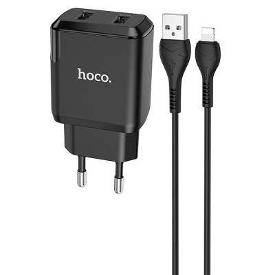 Сетевое зарядное (СЗУ) Hoco N7 (2USB/2,1A) + USB - Lightning Черный