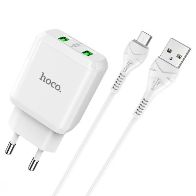 Сетевое зарядное (СЗУ) Hoco N6 QC3.0 (2USB/3A) + USB - MicroUSB Белый