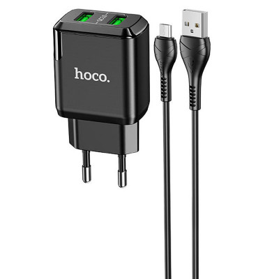 Сетевое зарядное (СЗУ) Hoco N6 QC3.0 (2USB/3A) + USB - MicroUSB Черный