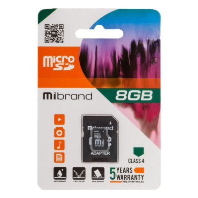 Карта памяти Mibrand MicroSDHC 8GB 4 Class & Adapter Чёрный