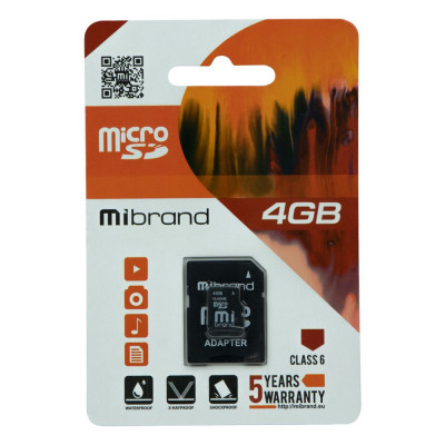 Карта памяти Mibrand microSDHC 4GB class 6 (adapter SD) Черный