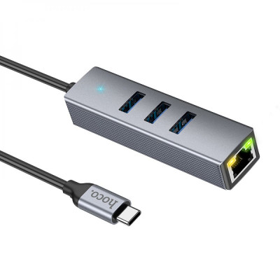 USB-хаб Type-C Hoco HB34 Easy link Gigabit Ethernet adapter(USB3.0*3+RJ45) Серый