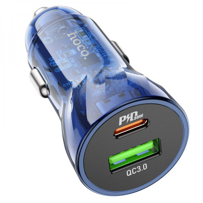 Автомобильное зарядное Hoco Z47A Transparent PD30W+QC3.0 Прозрачный синий