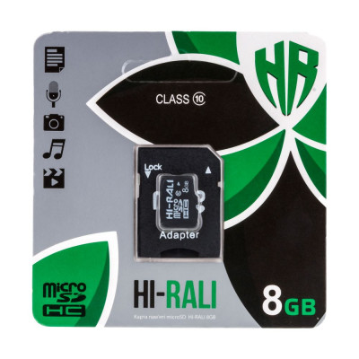 Карта памяти Hi-Rali MicroSDHC 8GB UHS-1 10 Class & Adapter Чёрный