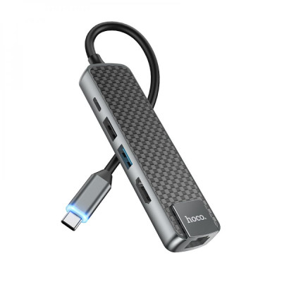 USB-хаб Type-C Hoco HB23 (HDTV+USB3.0+USB2.0+RJ45+PD) Серый
