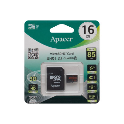 Карта памяти Apacer MicroSDHC 16GB 10 Class & Adapter R85MB/s Чёрный