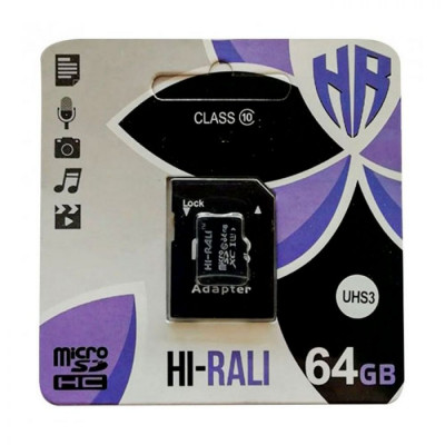 Карта памяти Hi-Rali MicroSDXC 64GB UHS-3 10 Class & Adapter Чёрный