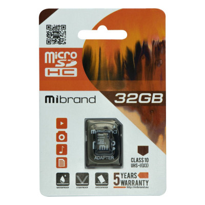 Карта памяти Mibrand microSDHC (UHS-1 U3) 32GB class 10 (adapter SD) Черный